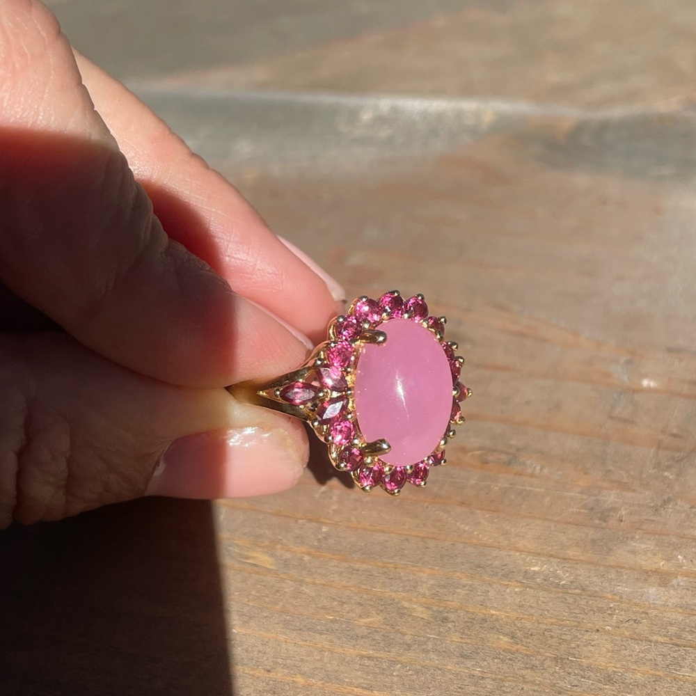 14k Gold, Pink Jade & Ruby Ring - Picture 2 of 8